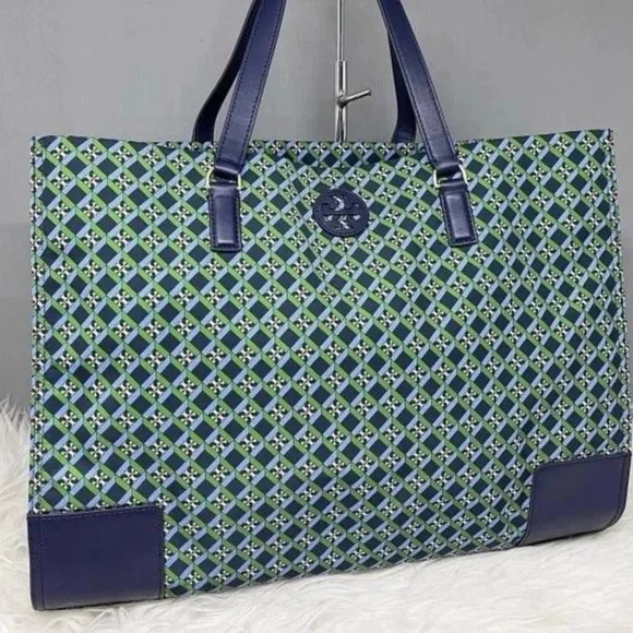 Tory Burch Women’s Ella Nylon Printed Tote Multi Geo logo Bag Navy Green - Picture 4 of 5